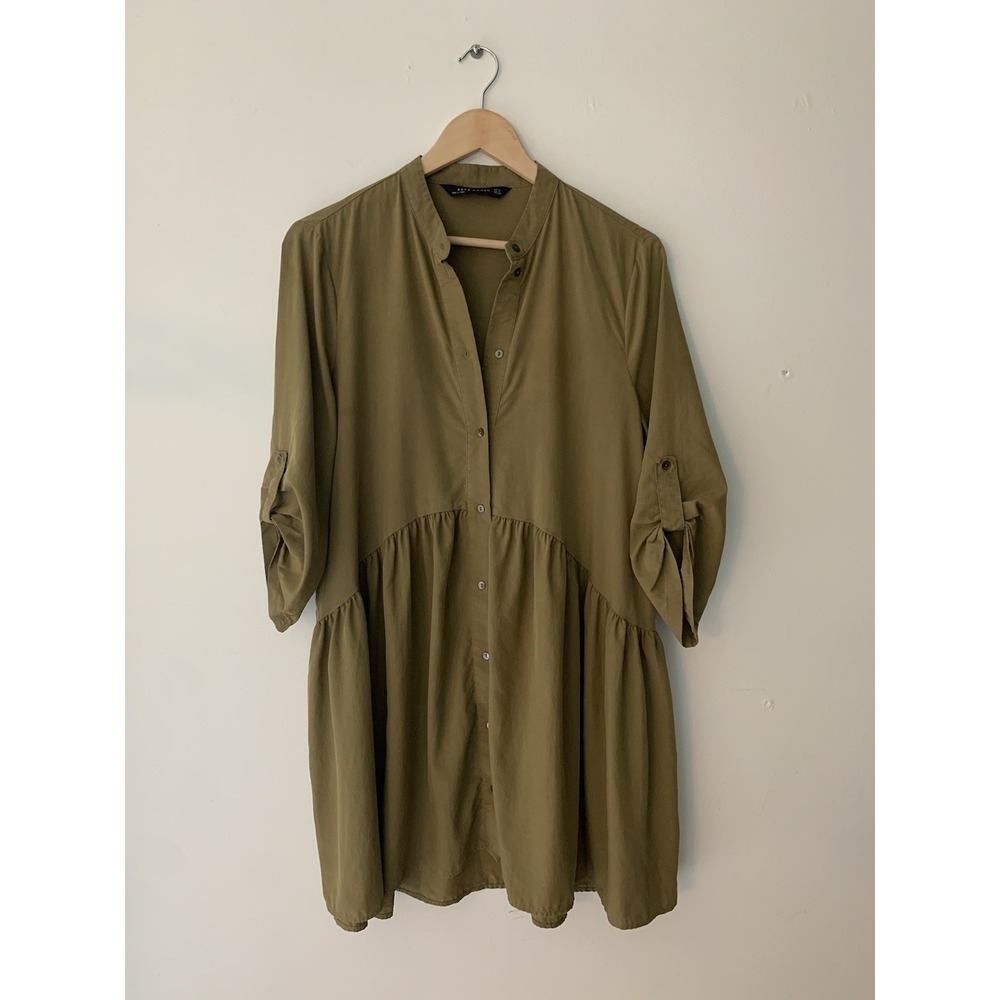 Zara Woman Dress Tiered Baby Doll Olive Green Mini Shirt Roll Tab Lagenlook M